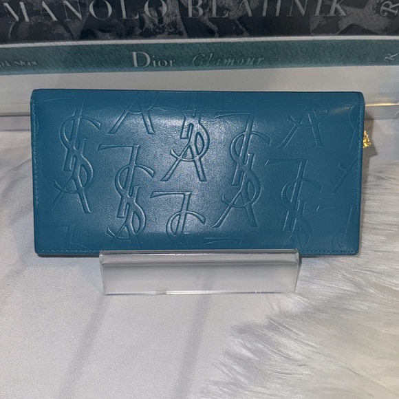 Yves Saint Laurent Long Wallet Vivid Color Turquoise Blue Leather EUC - Picture 4 of 14